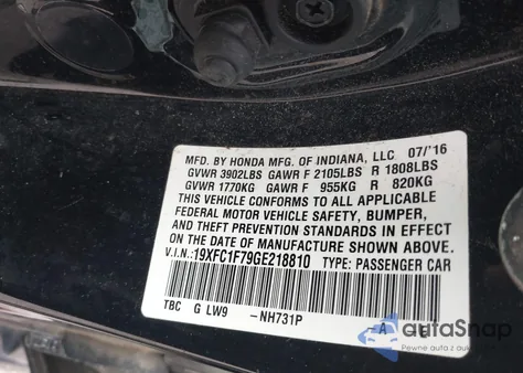 2016 Honda Civic Ex-L из США, поврежденный, VIN 19XFC1F79GE218810